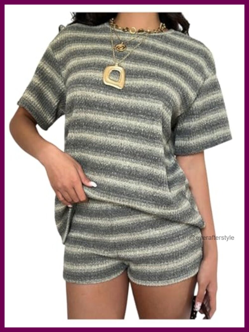 2 Piece Striped Knit Loungewear Set Oversized Tee & Shorts